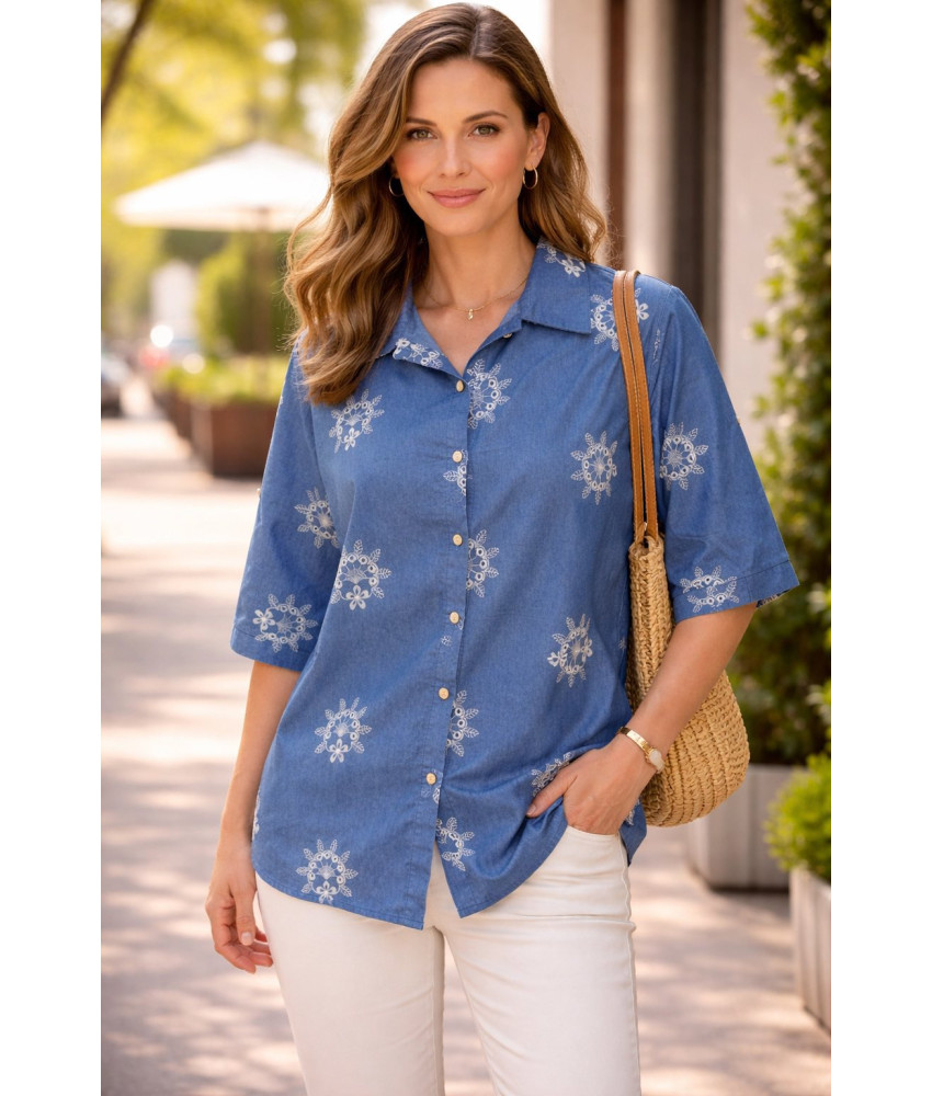 ΓΥΝΑΙΚΕΙΟ ΠΟΥΚΑΜΙΣΟ ΜΕ ΚΕΝΤΗΜΑ ΣΕ ΜΠΛΕ ΑΠΟΧΡΩΣΗ DENIM